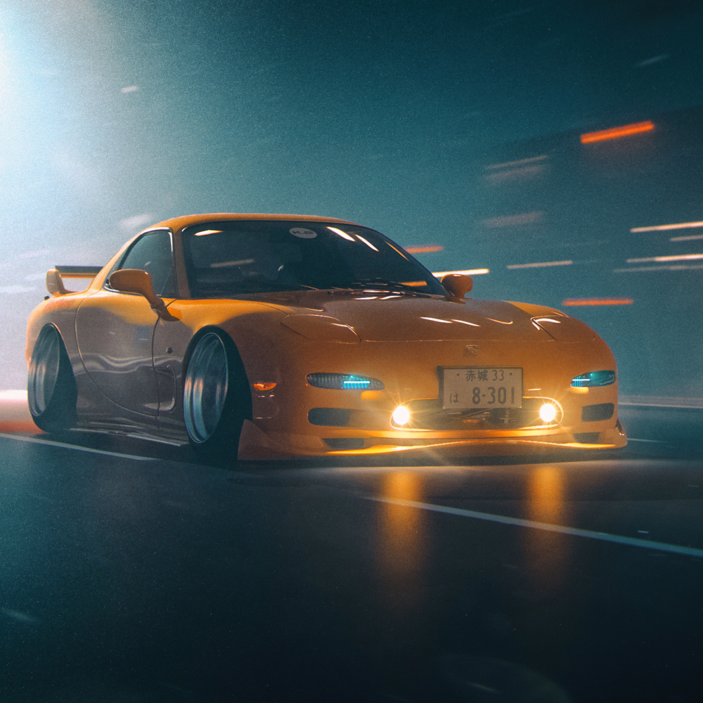 Желтый автомобиль Mazda RX-7 JDM