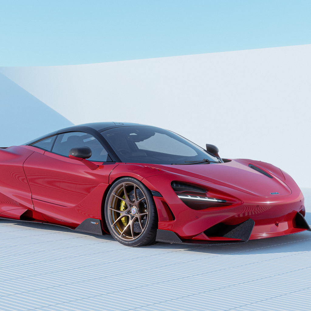 Красный автомобиль  McLaren 765LT CGI на сером фоне