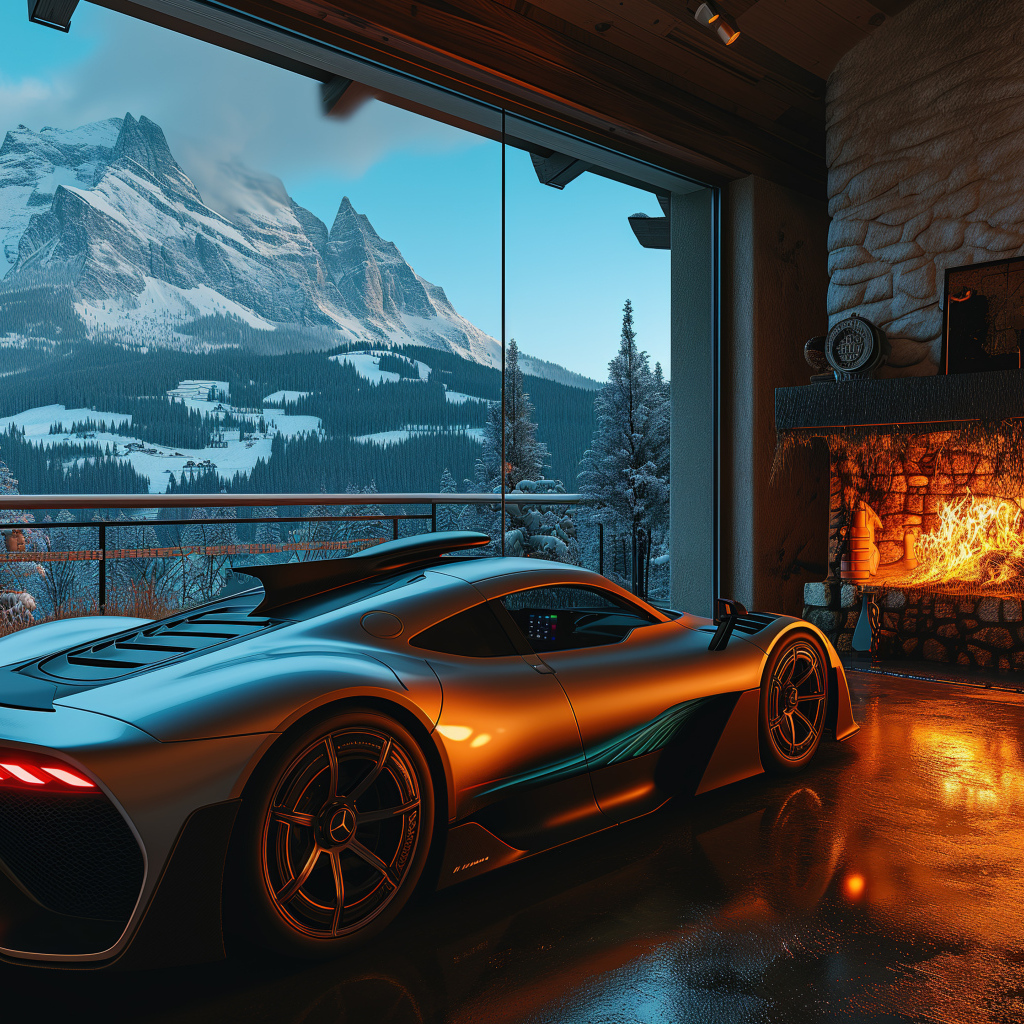 Автомобиль Mercedes-AMG ONE в комнате с камином