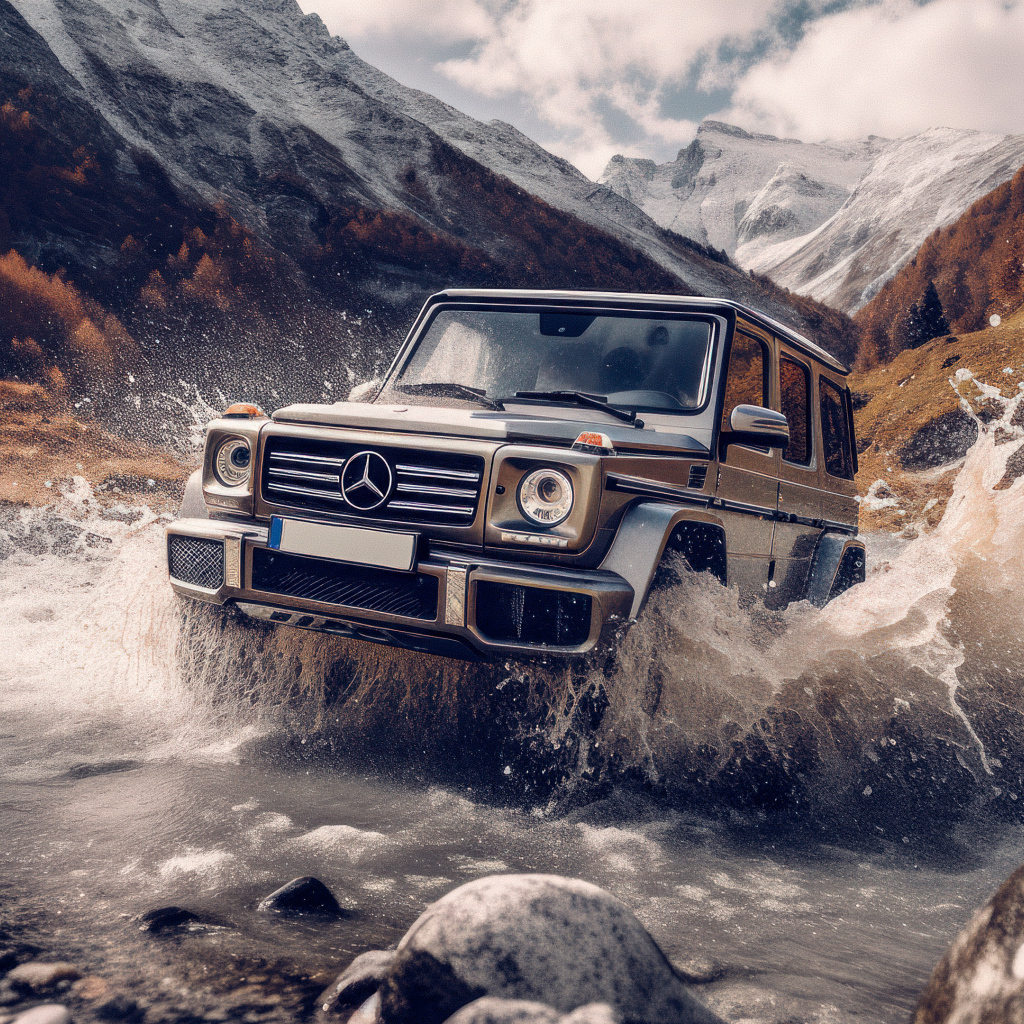 Автомобиль Mercedes-Benz G63 AMG едет по реке