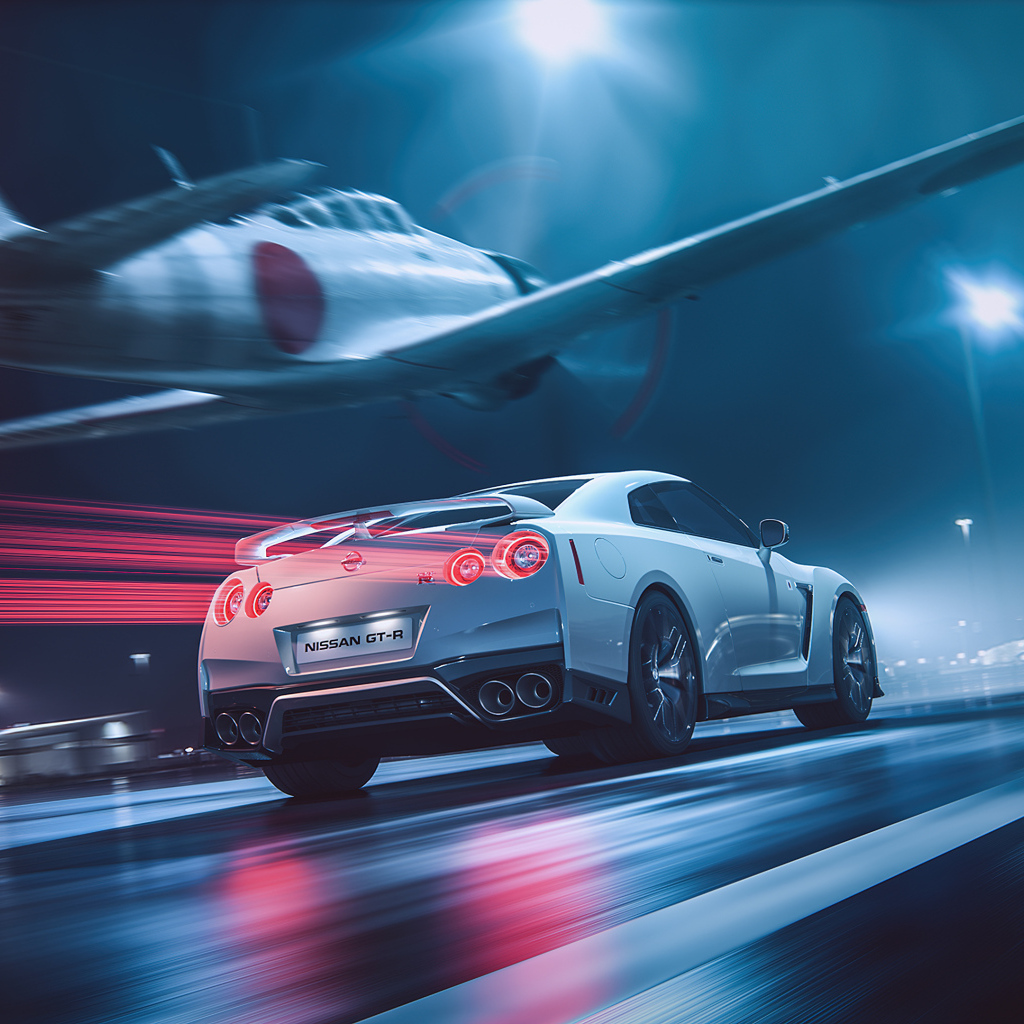 Самолет пролетает над автомобилем Nissan GT-R