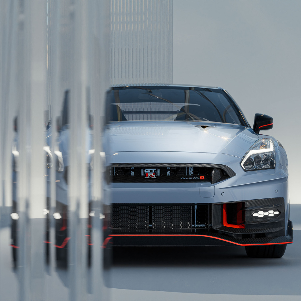 Серебристый автомобиль Nissan GT-R Nismo Front