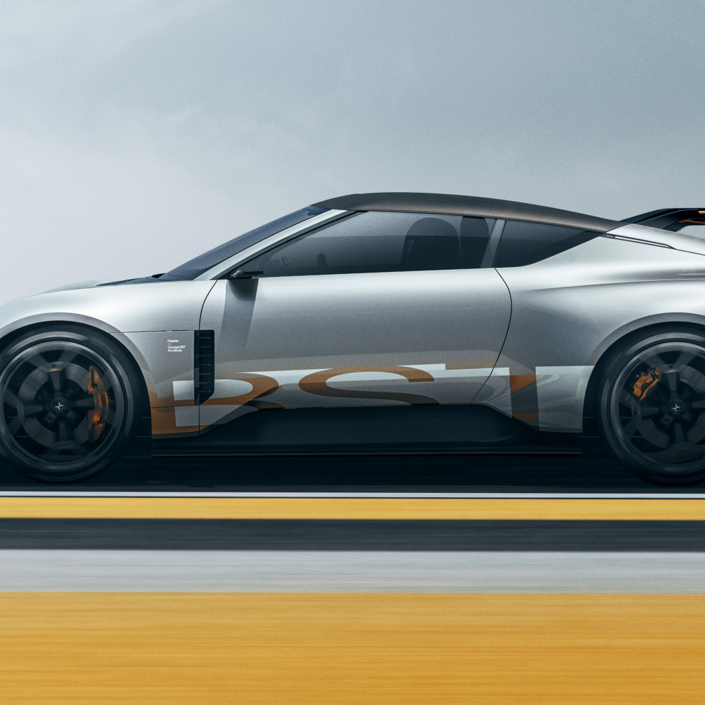 Вид сбоку на серебристый автомобиль Polestar Concept BST 2024 года