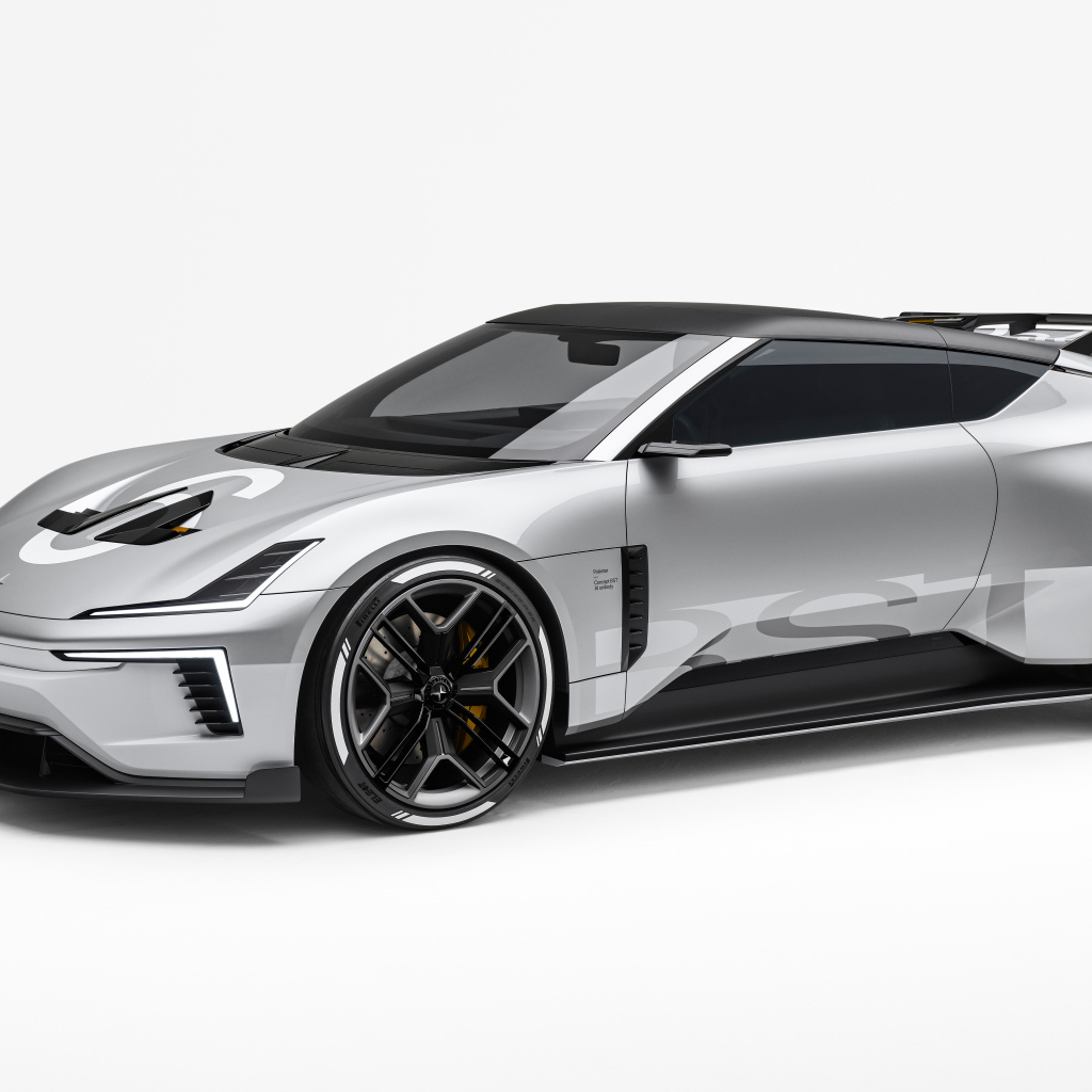 Серебристый автомобиль Polestar Concept BST 2024 года на белом фоне