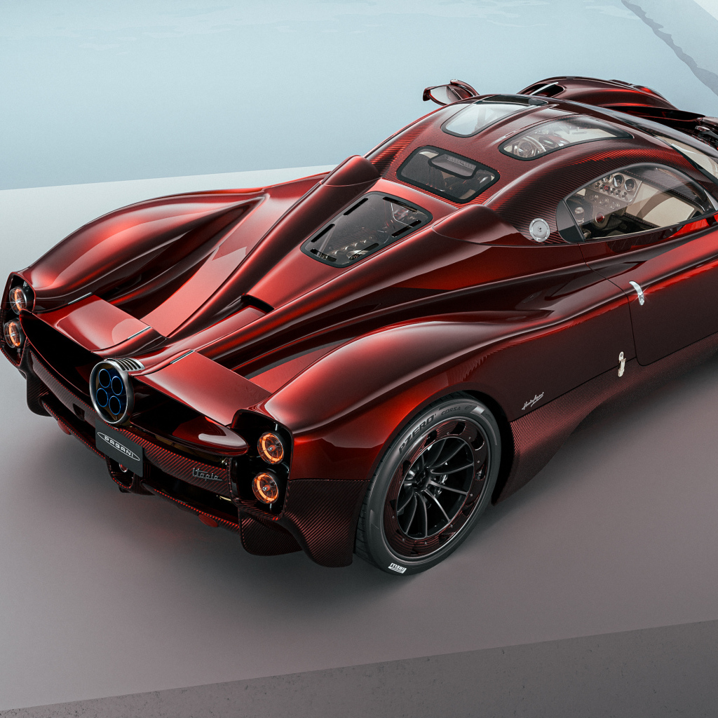 Вид сзади на красный автомобиль Pagani Utopia