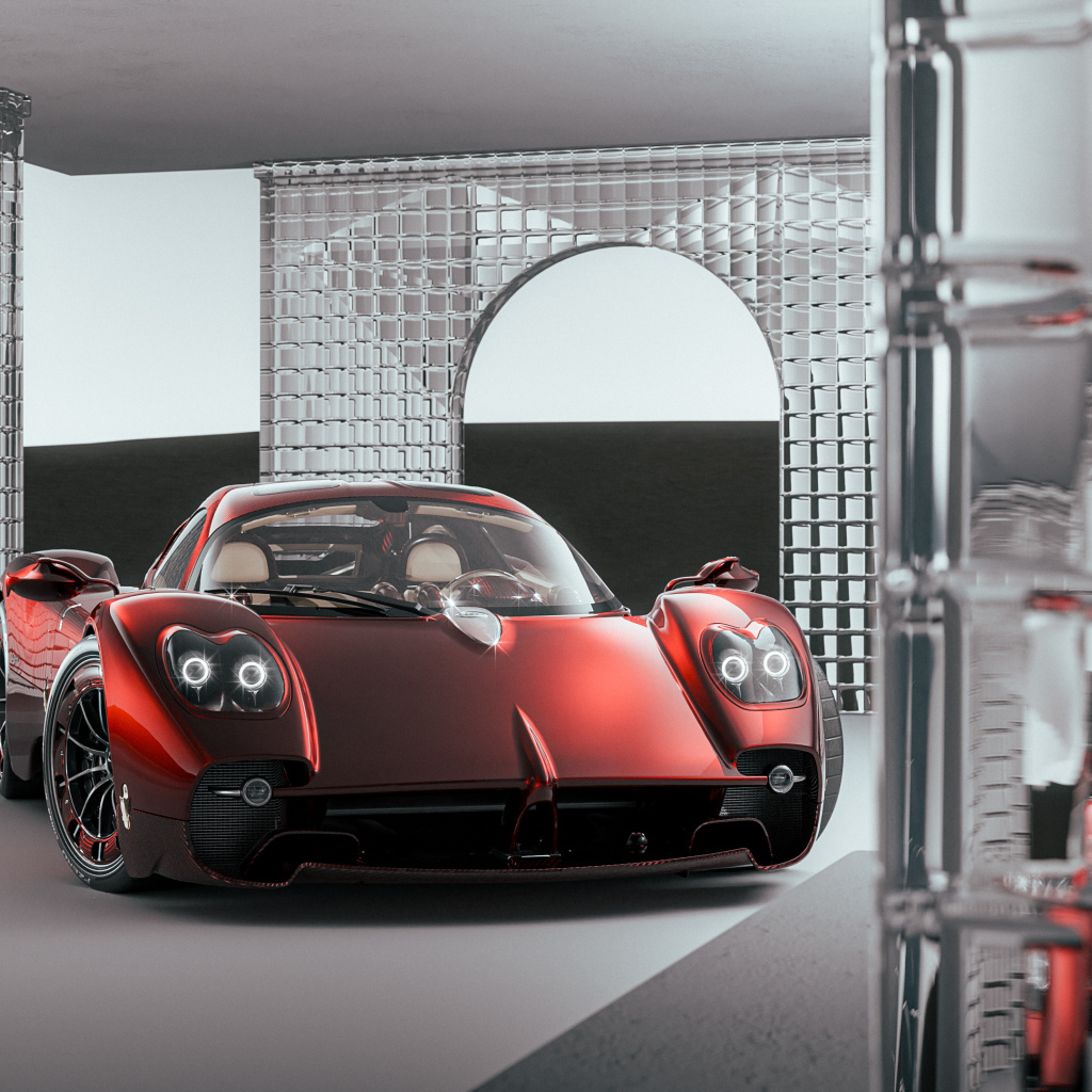 Красный автомобиль Pagani Utopia в здании