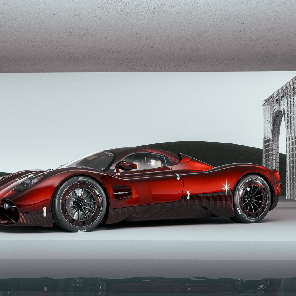 Вид сбоку на красный автомобиль  Pagani Utopia