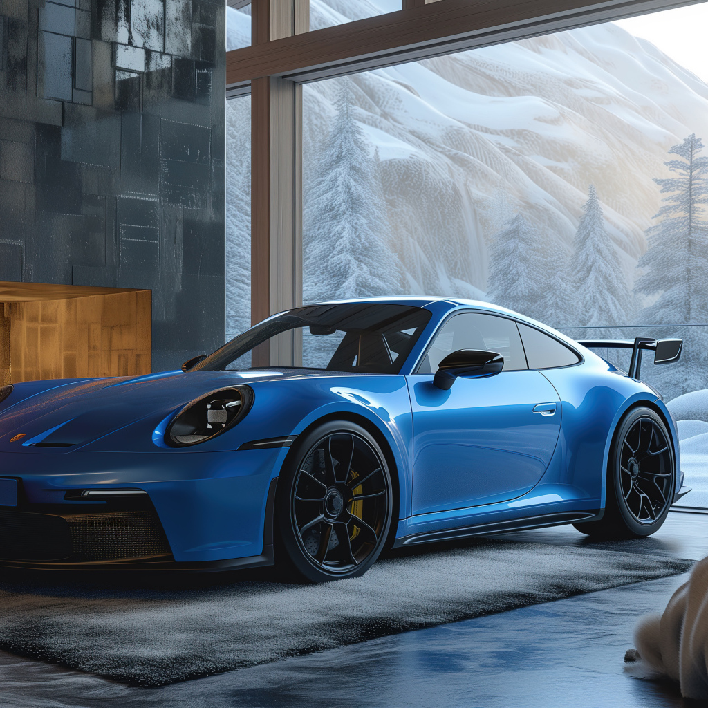 Синий автомобиль Porsche 911 GT3 Cozy в здании