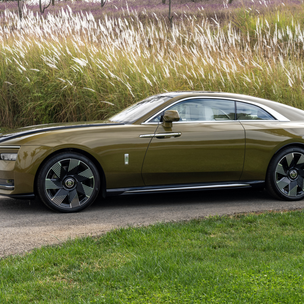 Оливковый автомобиль Rolls-Royce Spectre у высокой травы