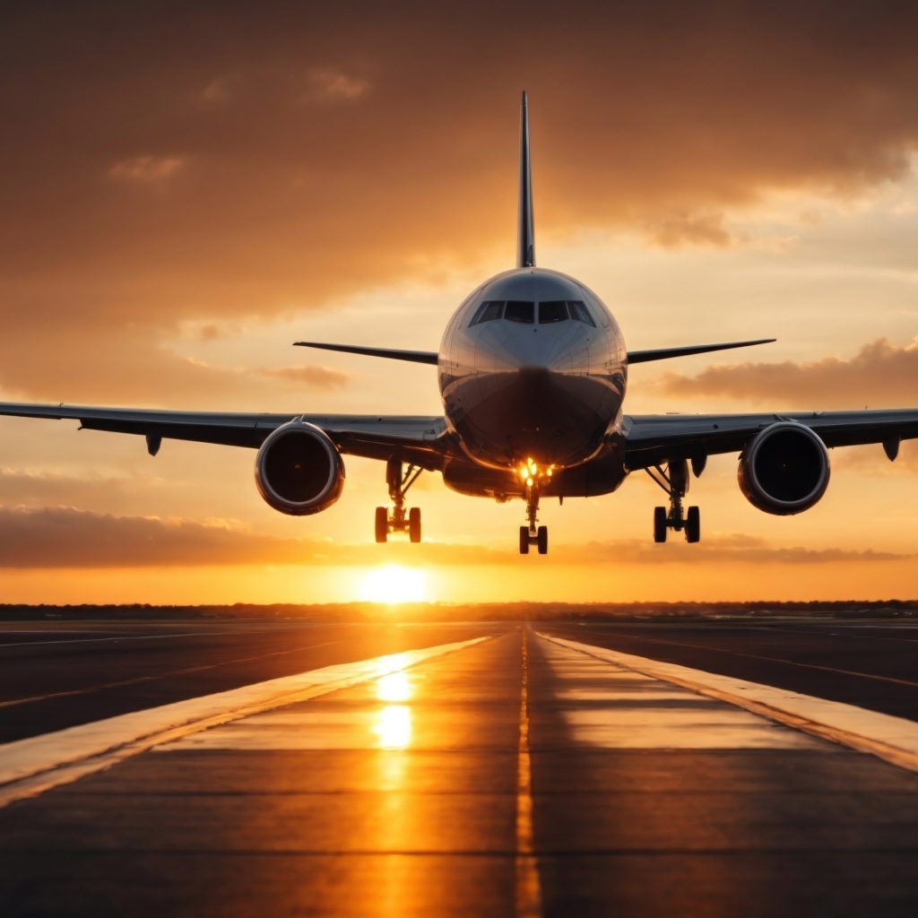 Большой пассажирский самолет взлетает на закате