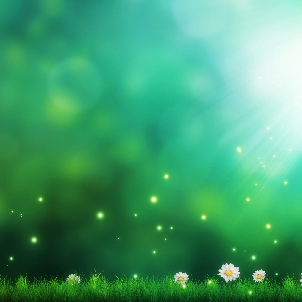 Зеленый фон с ромашками и зеленой травой