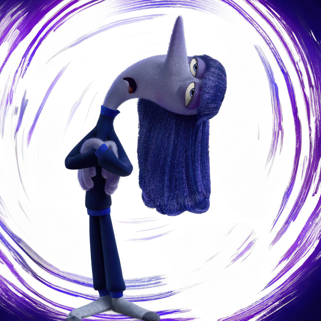 Персонаж Хандра из мультфильма Головоломка 2 на фиолетовом фоне