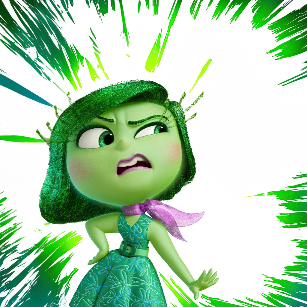 Красивый персонаж Брезгливость из мультфильма Головоломка 2 на зеленом фоне