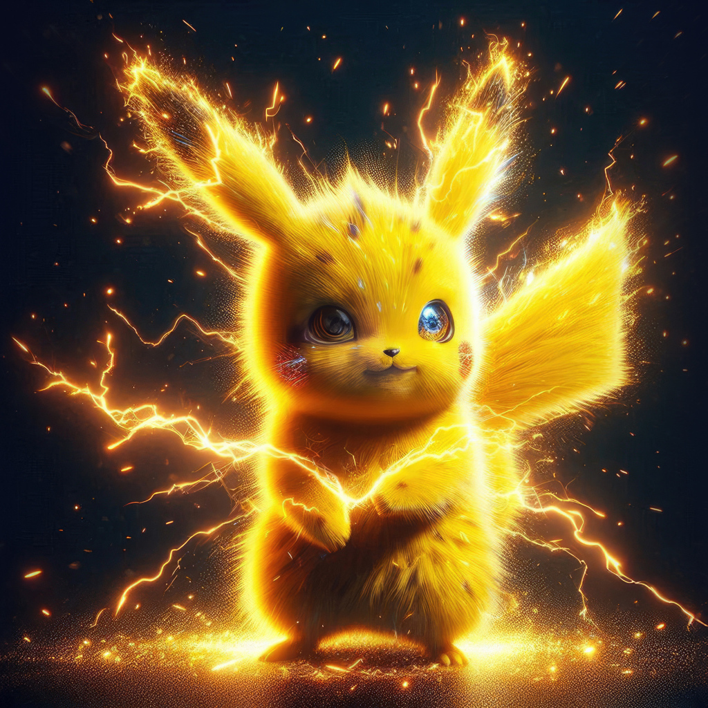 Желтый покемон Пикачу в разрядах молнии