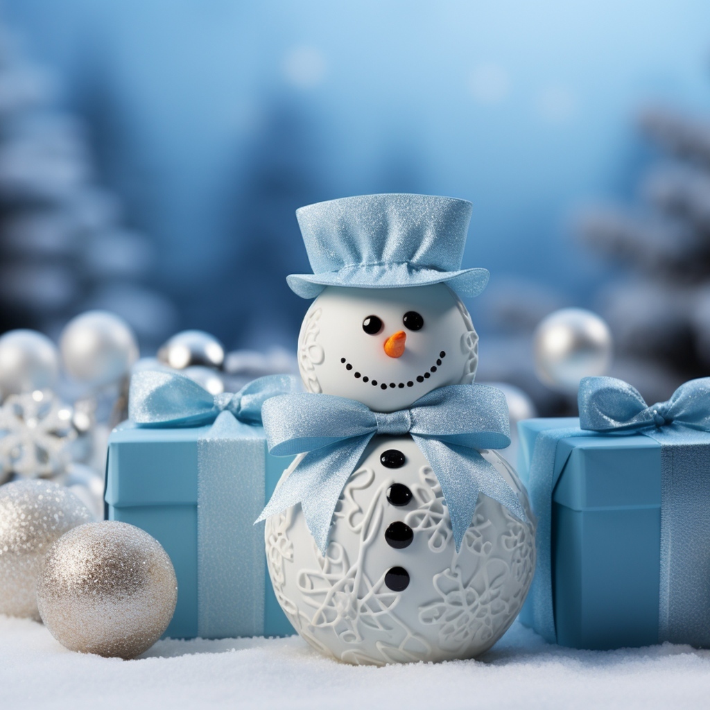 Снеговик с подарками и еловыми игрушками на Рождество