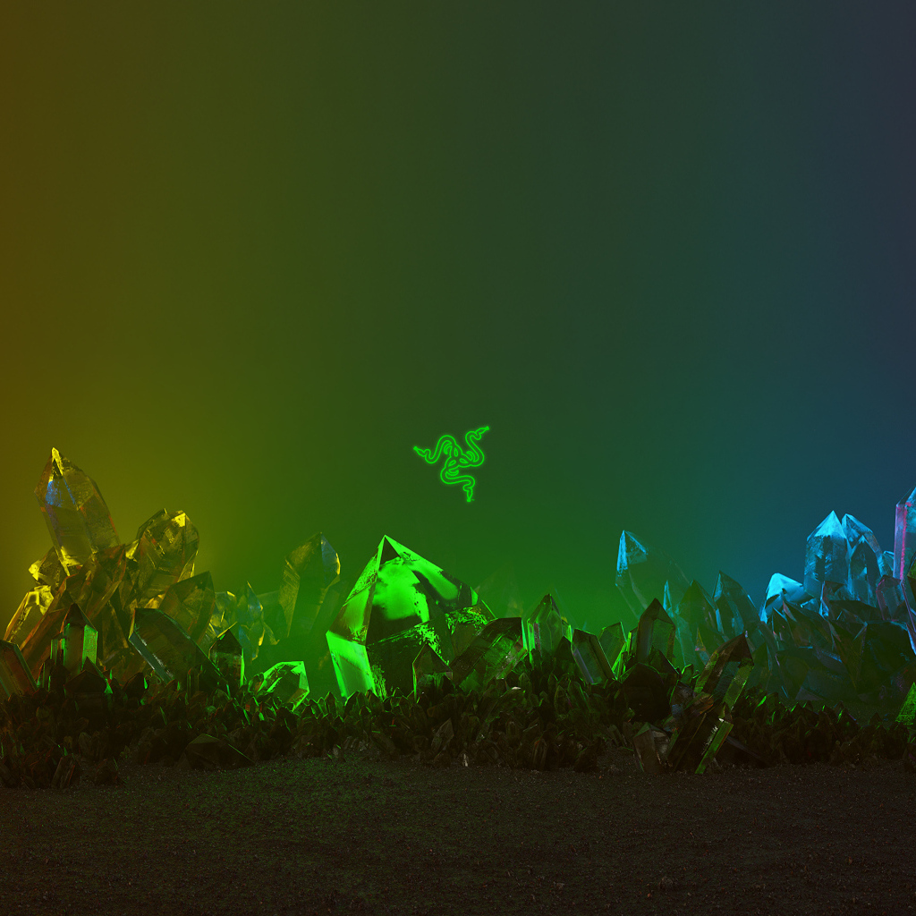 Зеленый логотип razer на фоне с кристаллами