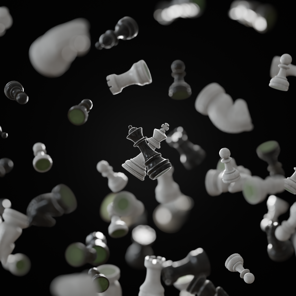 Черные и белые шахматные фигуры парят в воздухе
