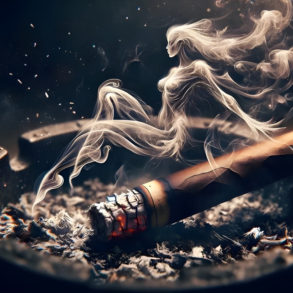 Сигара в пепельнице с дымом в форме девушки