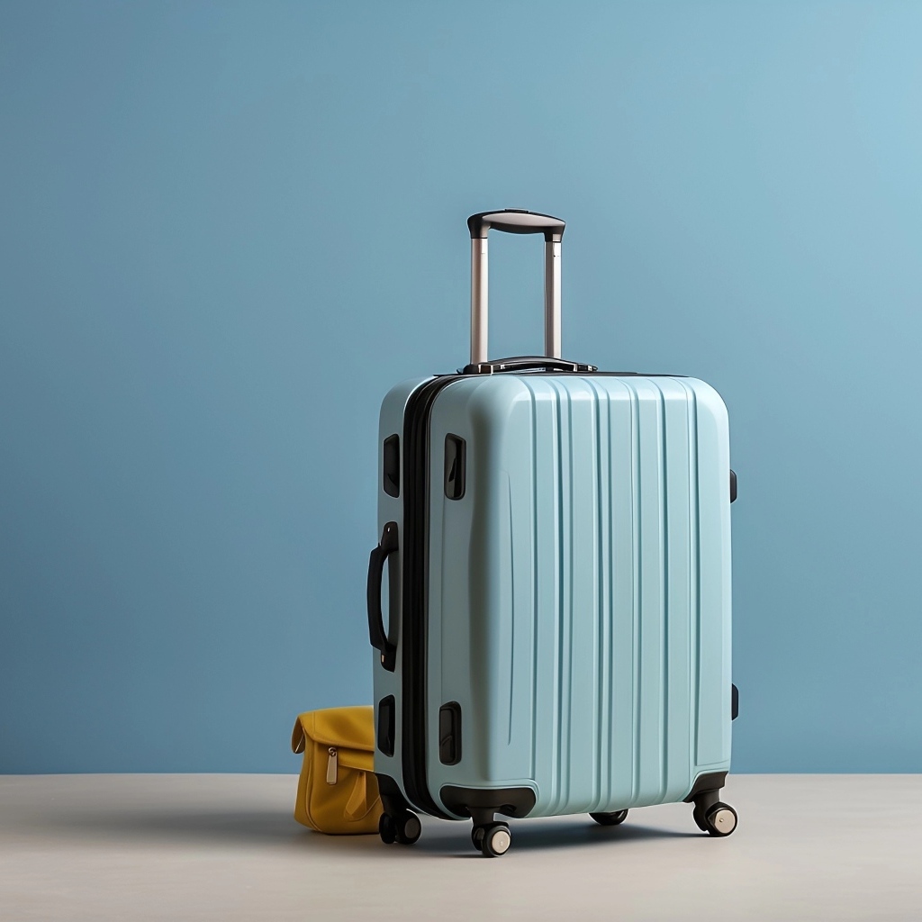 Большой голубой чемодан на голубом фоне