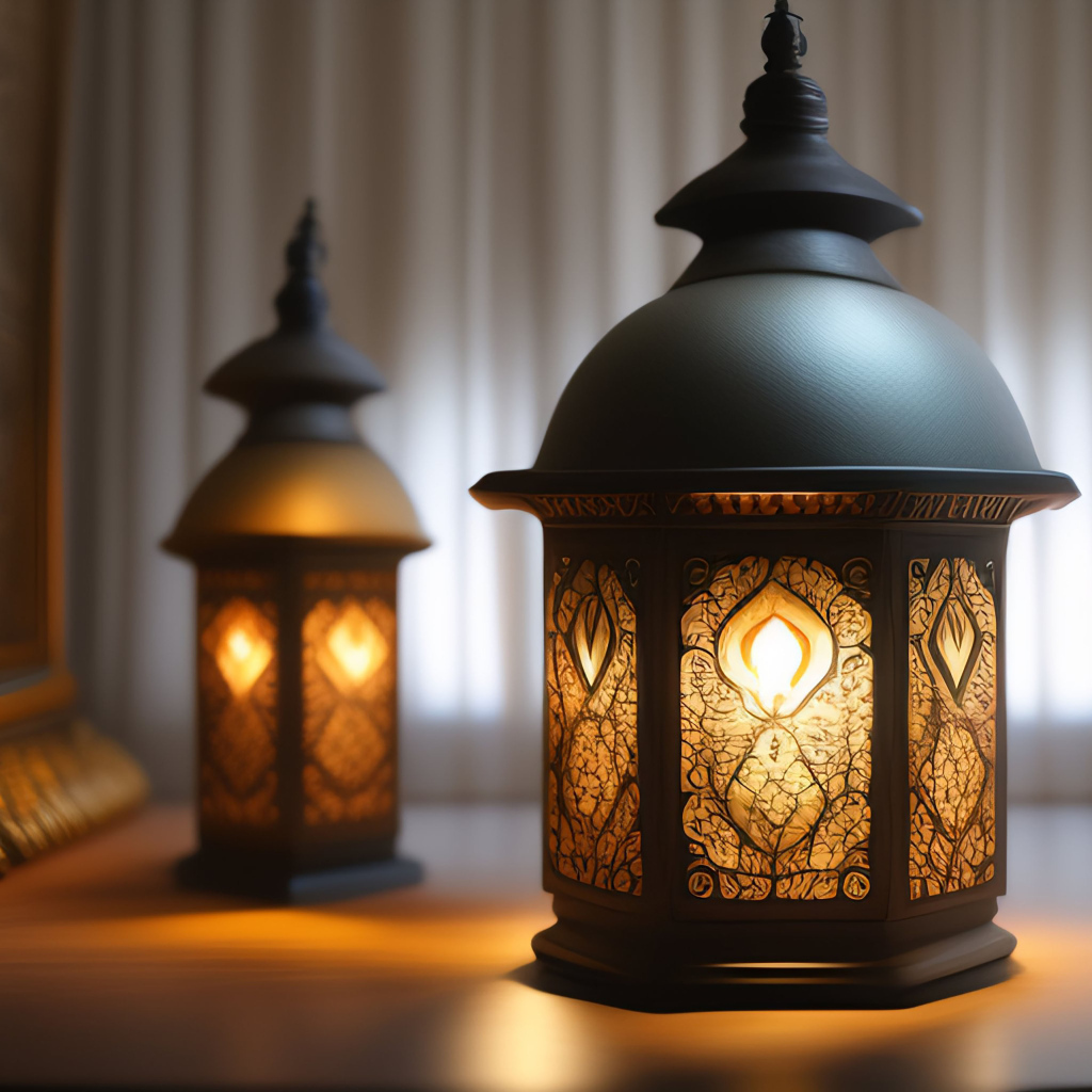 Два зажженных фонаря стоят на столе