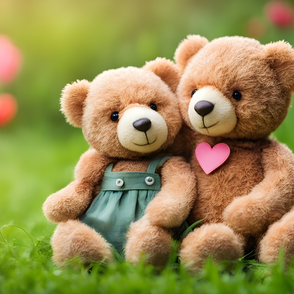Два игрушечных медвежонка сидят на траве