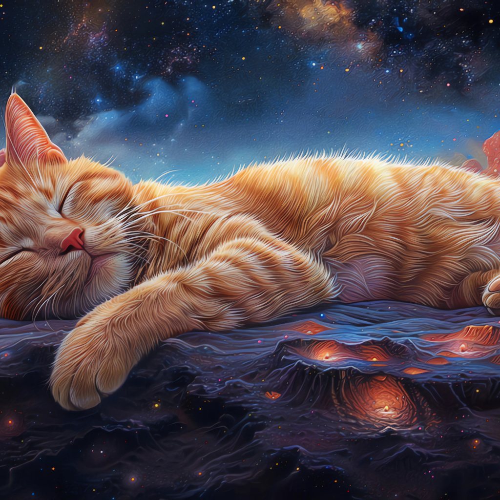 Нарисованный рыжий кот спит на поверхности Марса