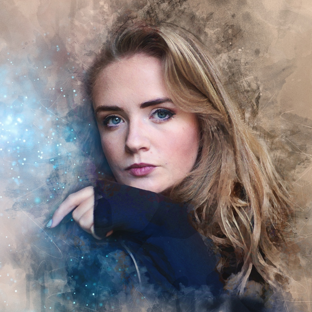 Красивая голубоглазая девушка на нарисованном фоне