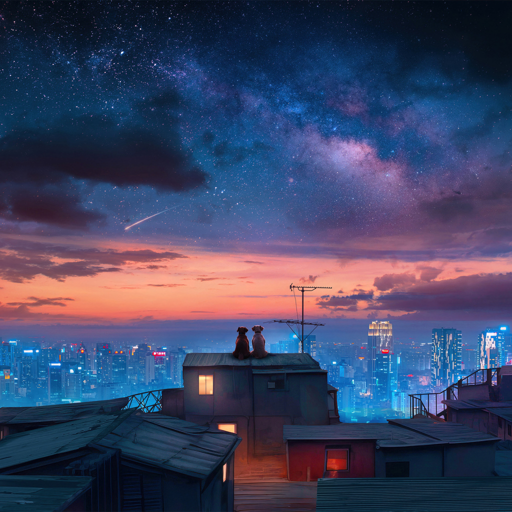 Красивое ночное небо над городскими небоскребами