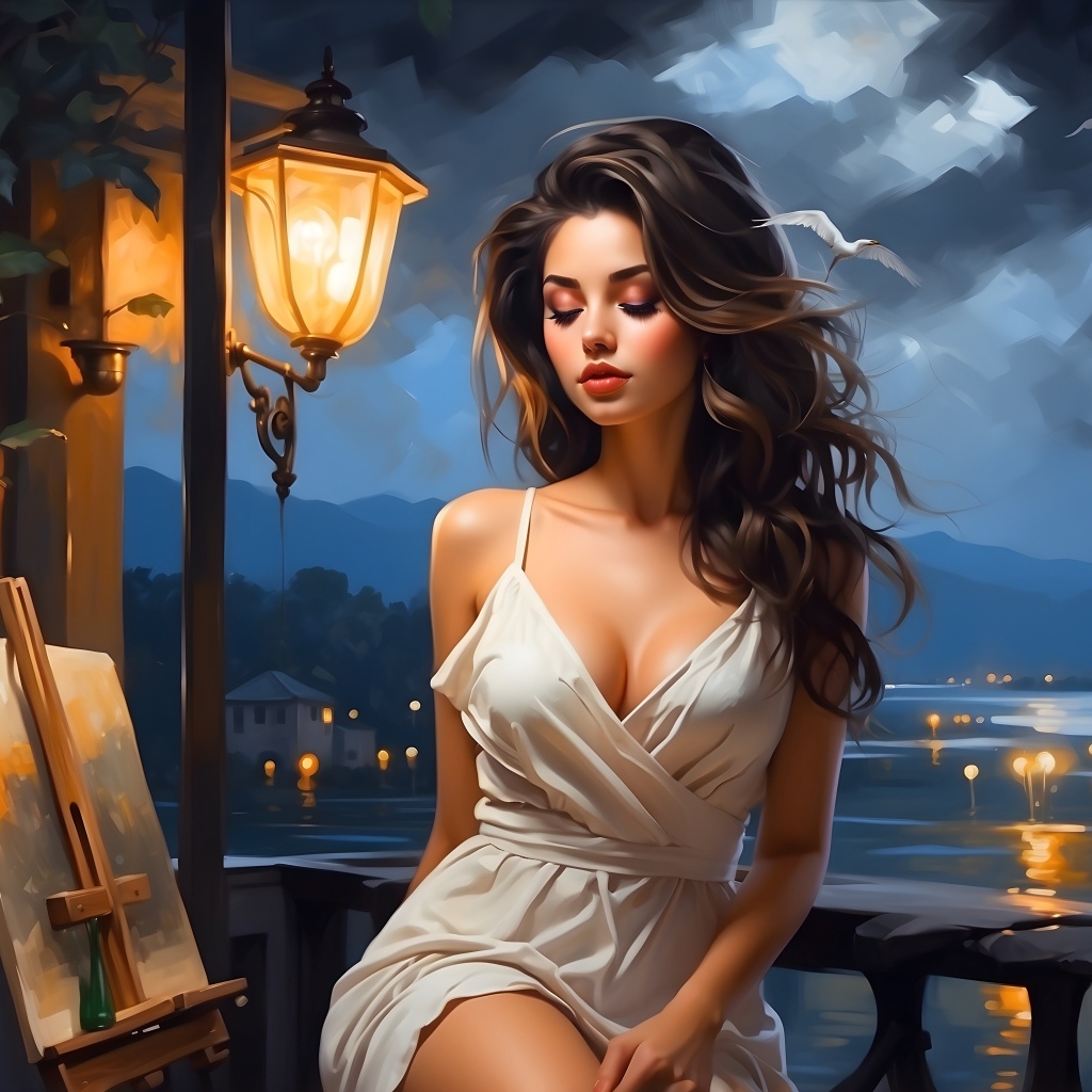 Красивая нарисованная девушка у воды