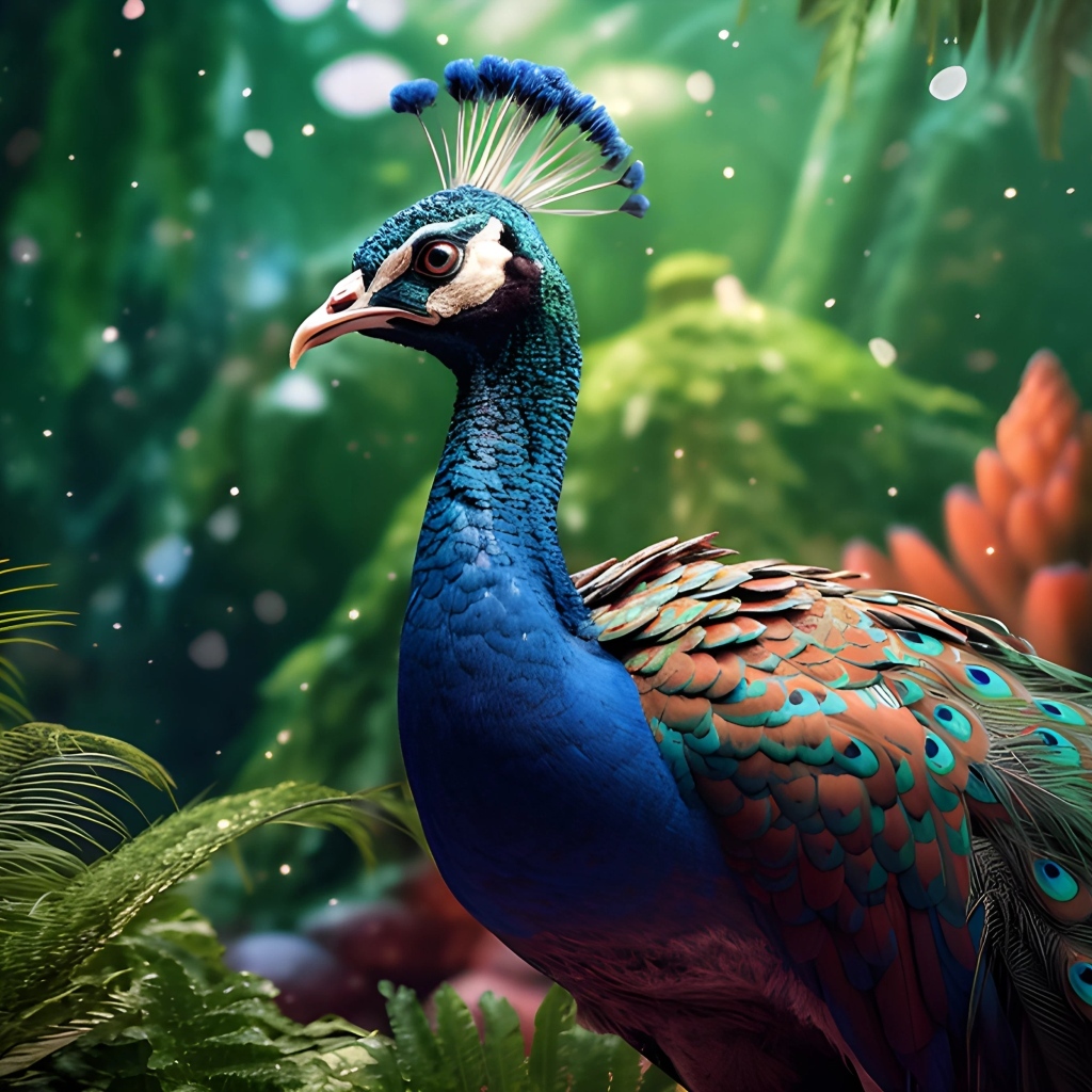 Красивый нарисованный павлин в лесу