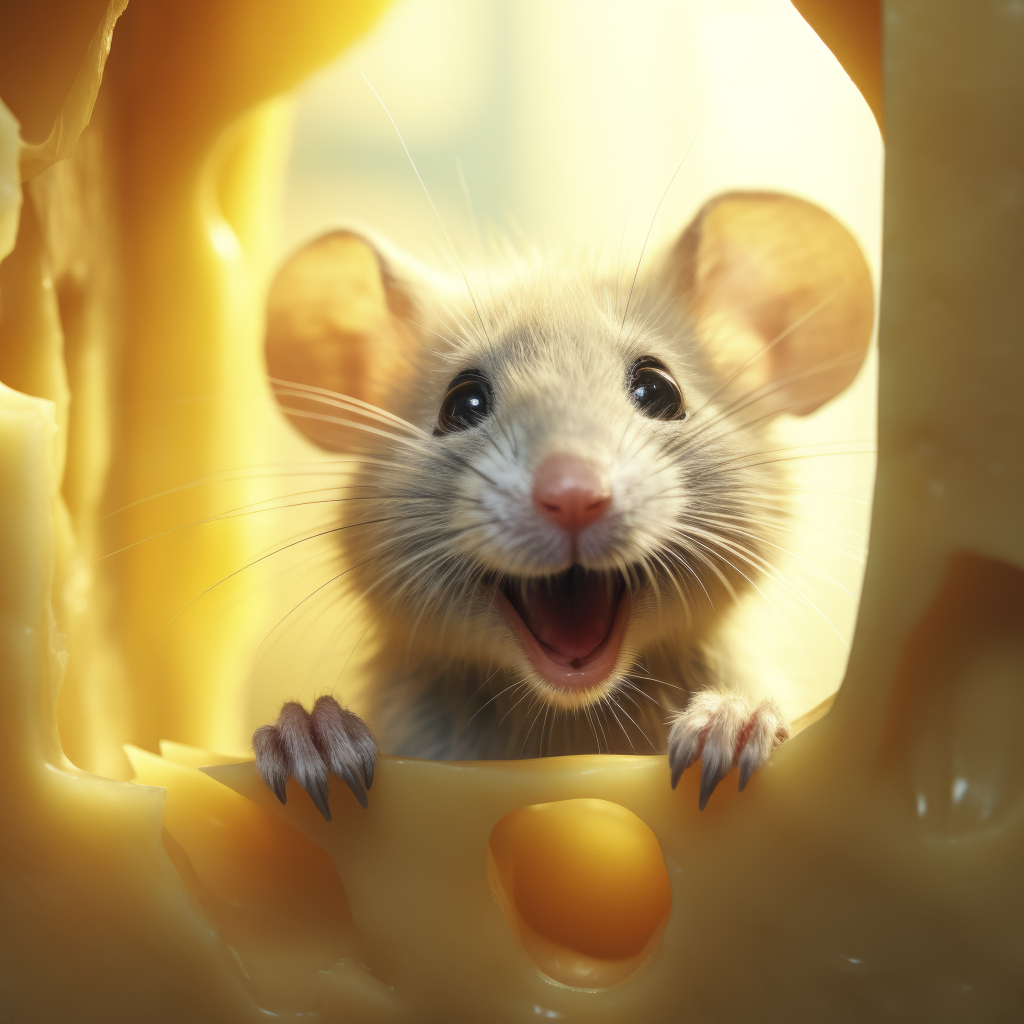 Веселый мышонок с куском сыра