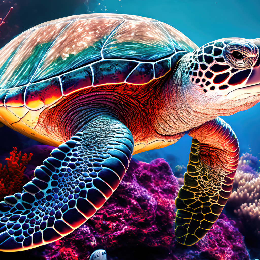 Нарисованная большая черепаха под водой