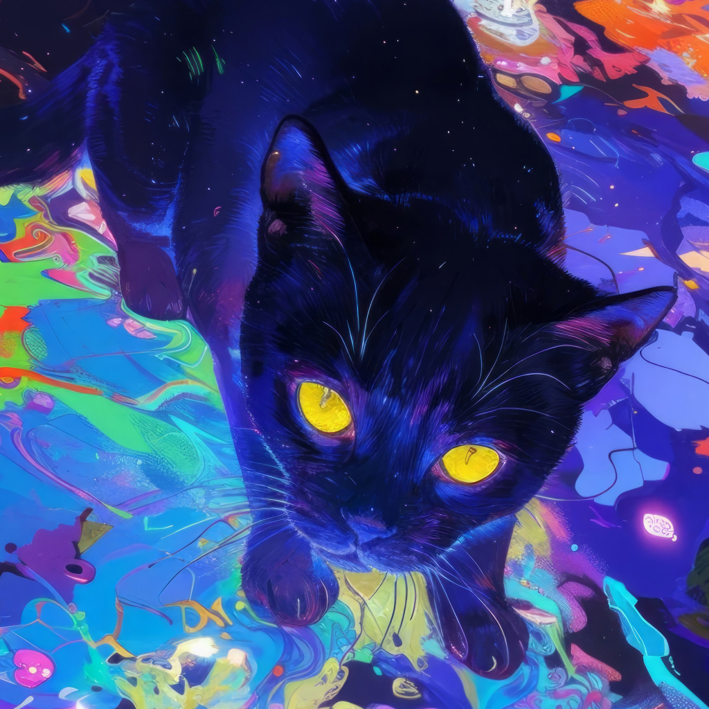 Нарисованный черный кот с желтыми глазами