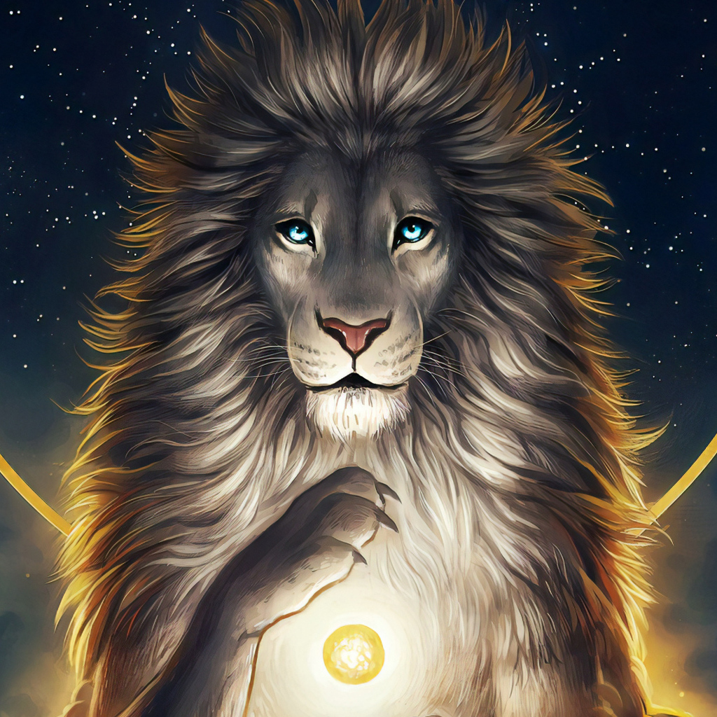 Нарисованный голубоглазый лев на фоне неба