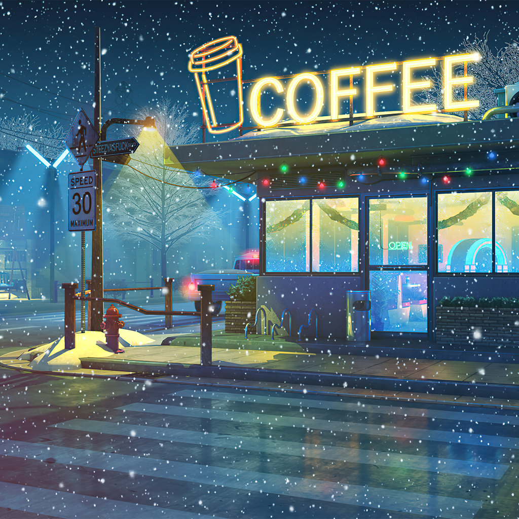 Нарисованное кафе ночью зимой