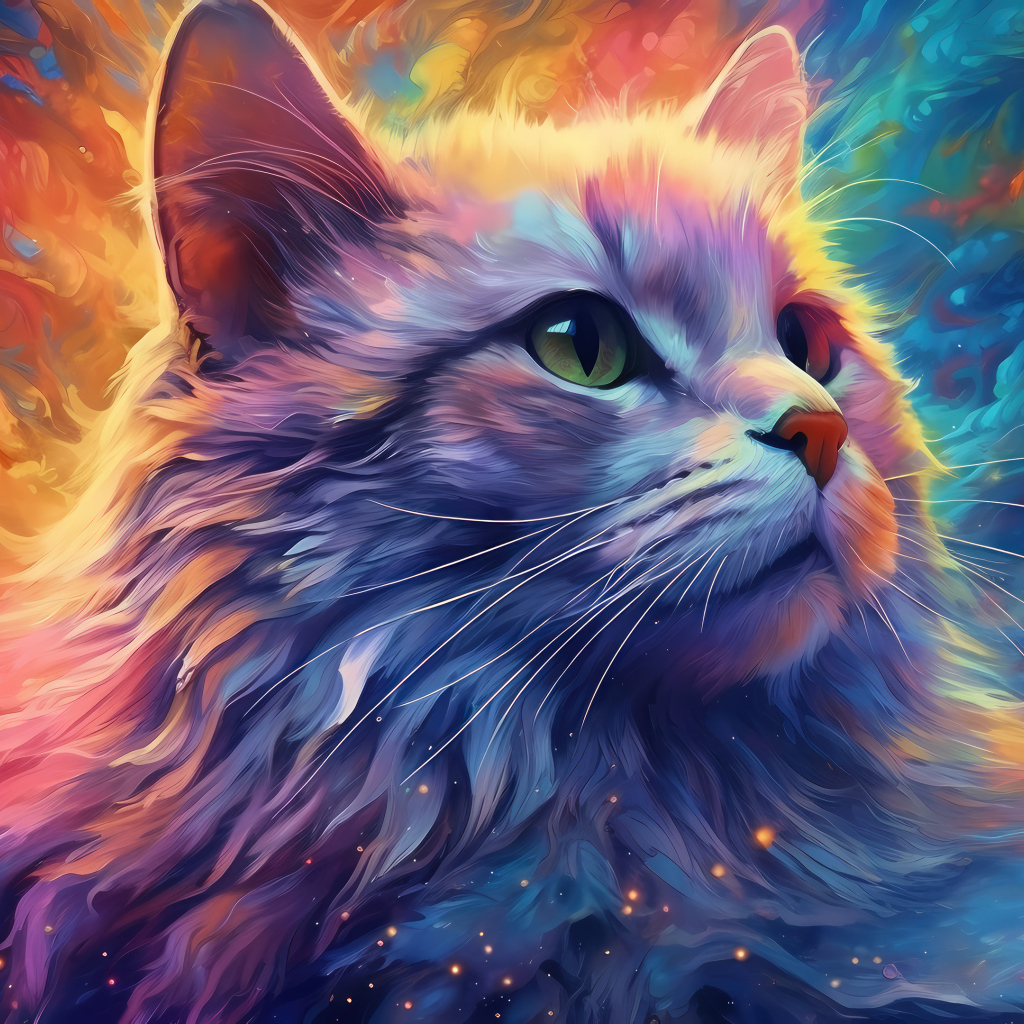 Нарисованная голова кота на разноцветном фоне