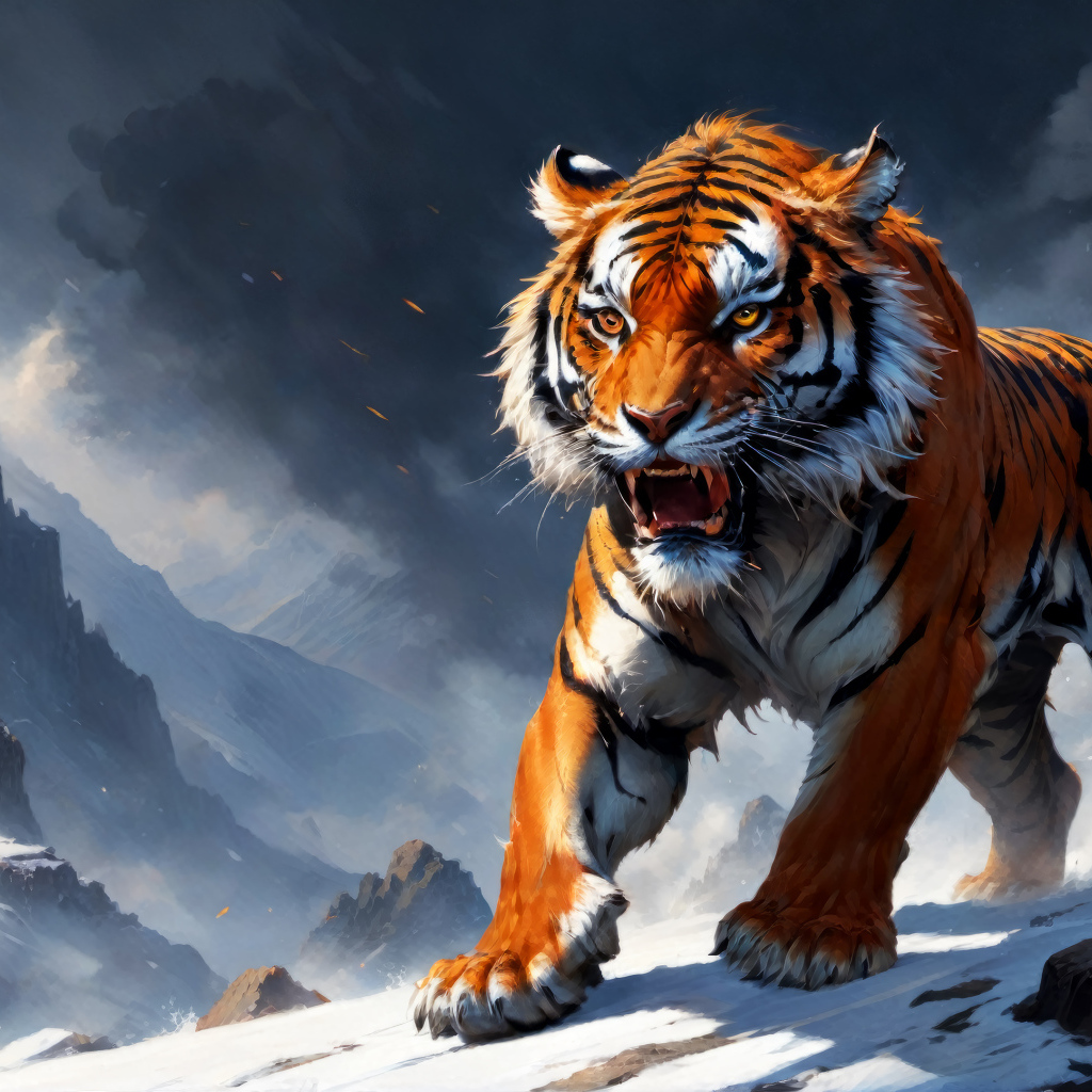 Нарисованный свирепый тигр в заснеженных горах
