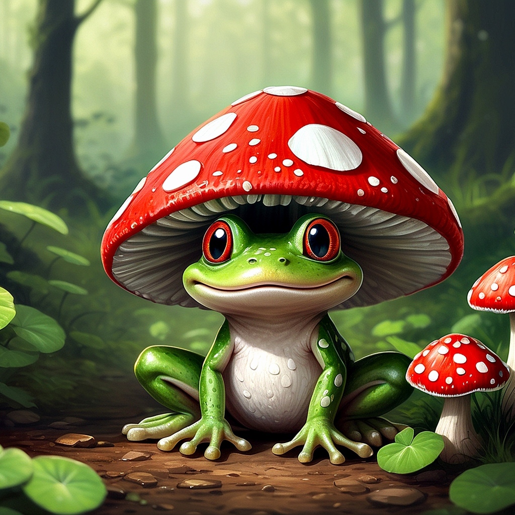 Нарисованная зеленая лягушка с мухомором на голове