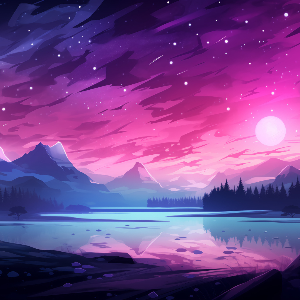 Нарисованные горы с розовым небом ночью