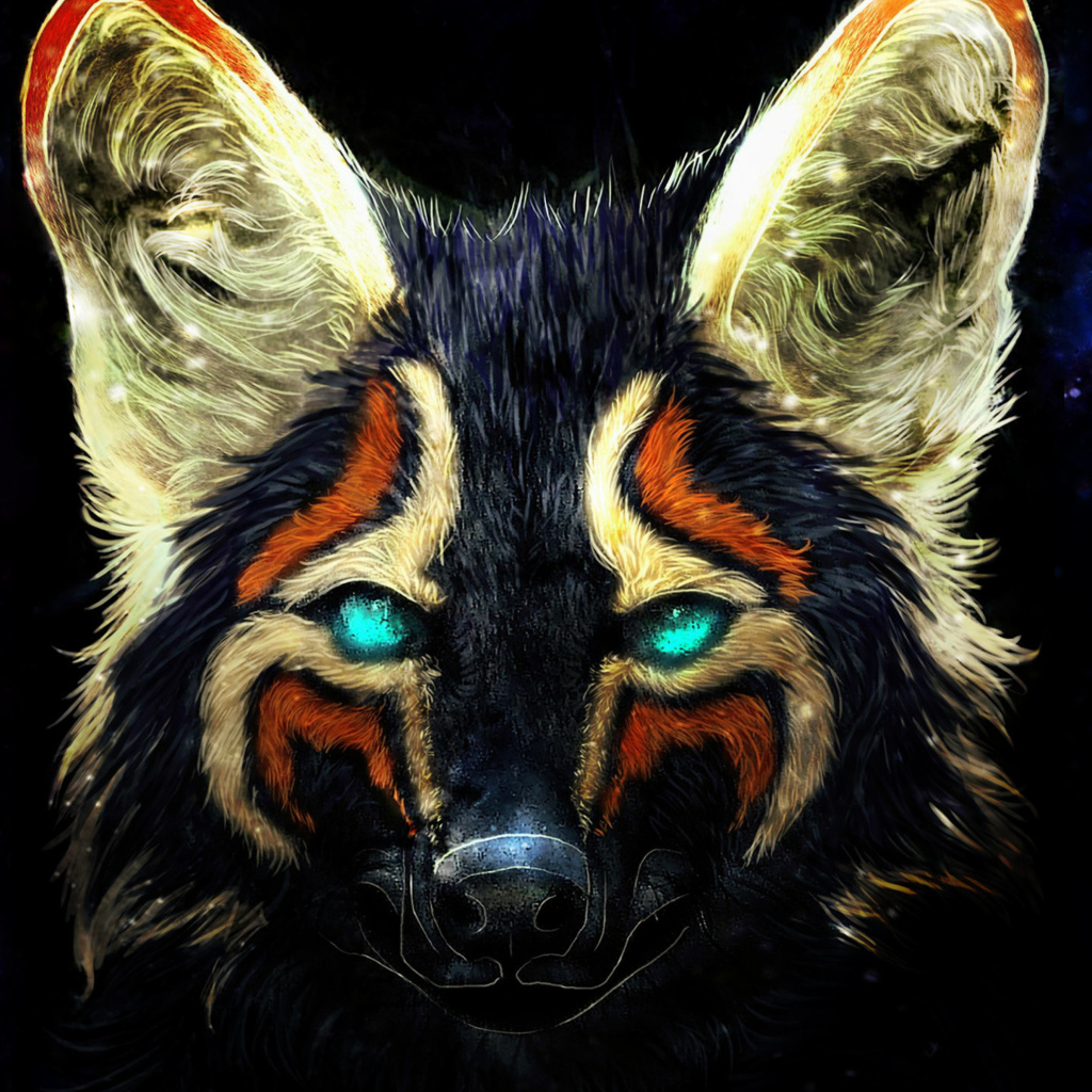 Нарисованная разноцветная лиса на черном фоне