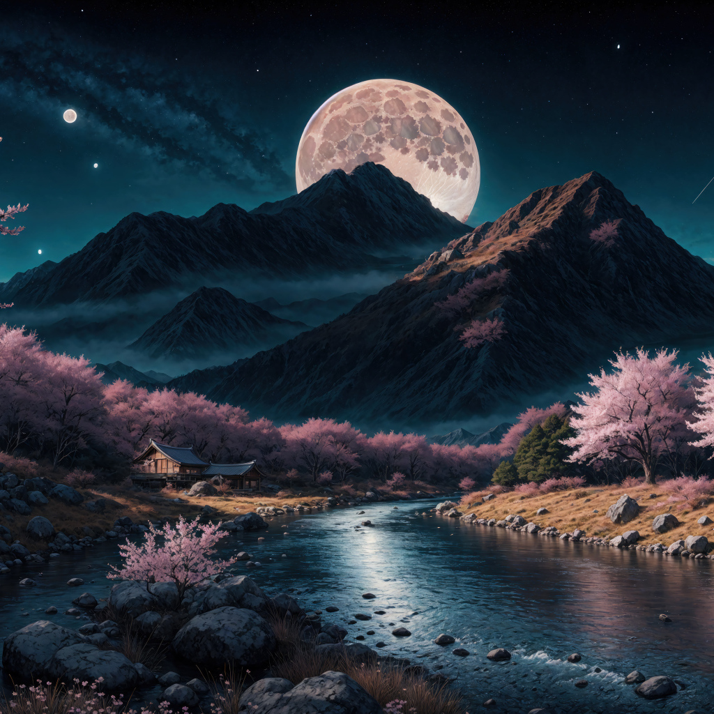 Нарисованная река с горой на фоне луны