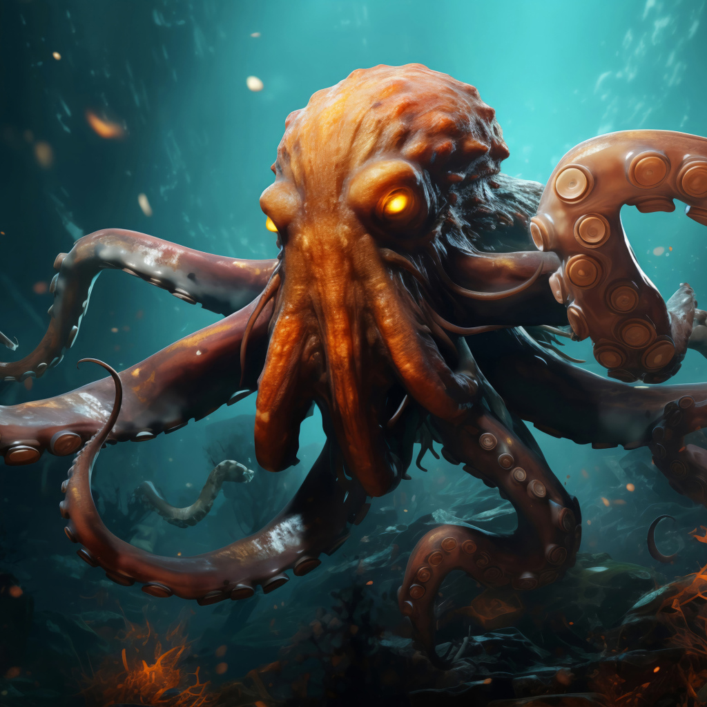 Большой нарисованный осьминог в воде