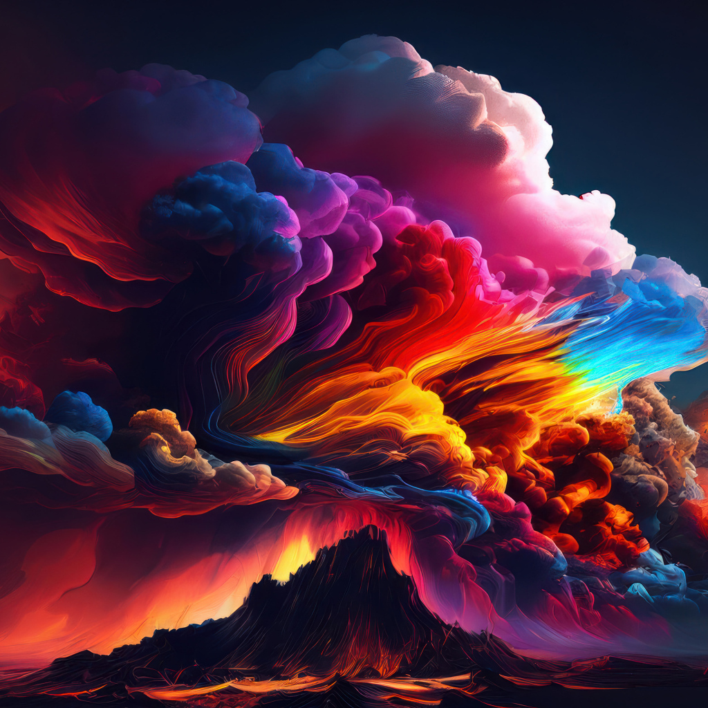 Большое разноцветное облако дыма над вулканом