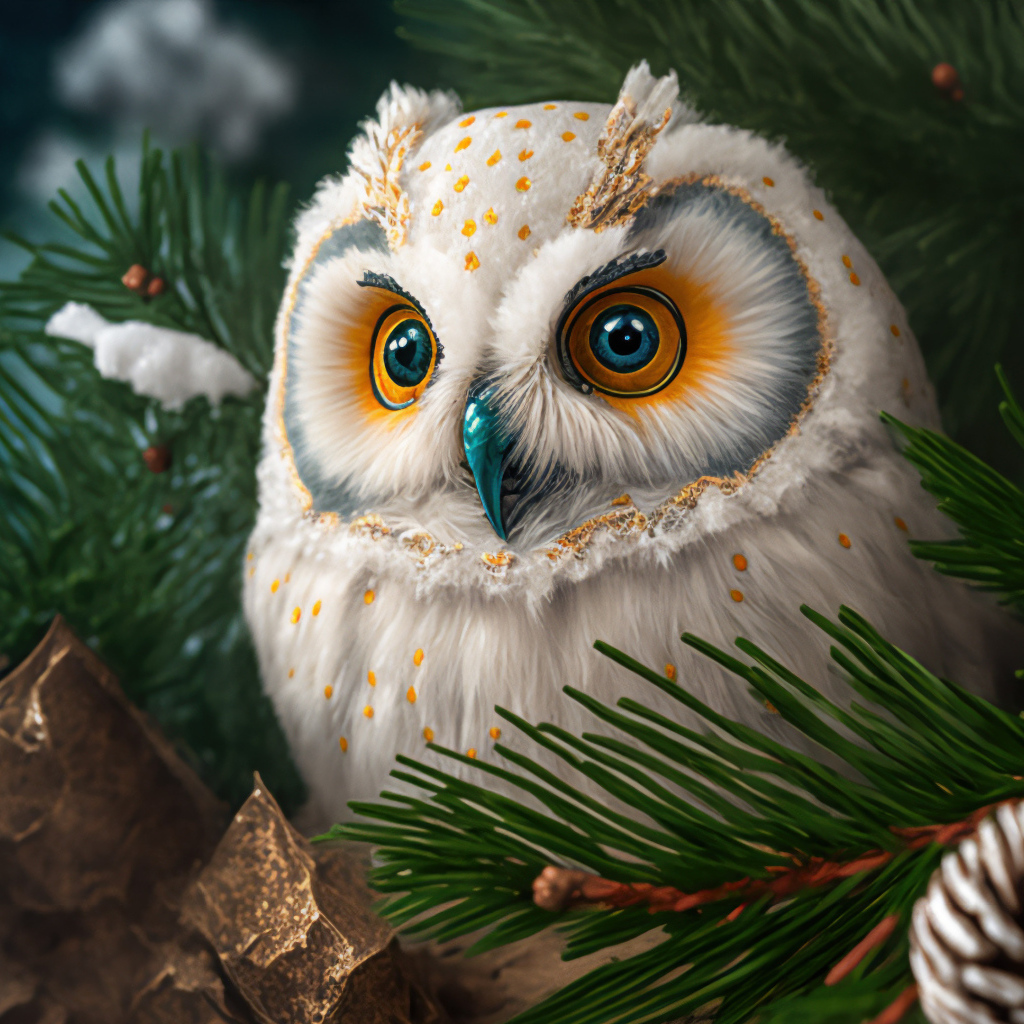 Большая нарисованная сова в сосновых  ветках