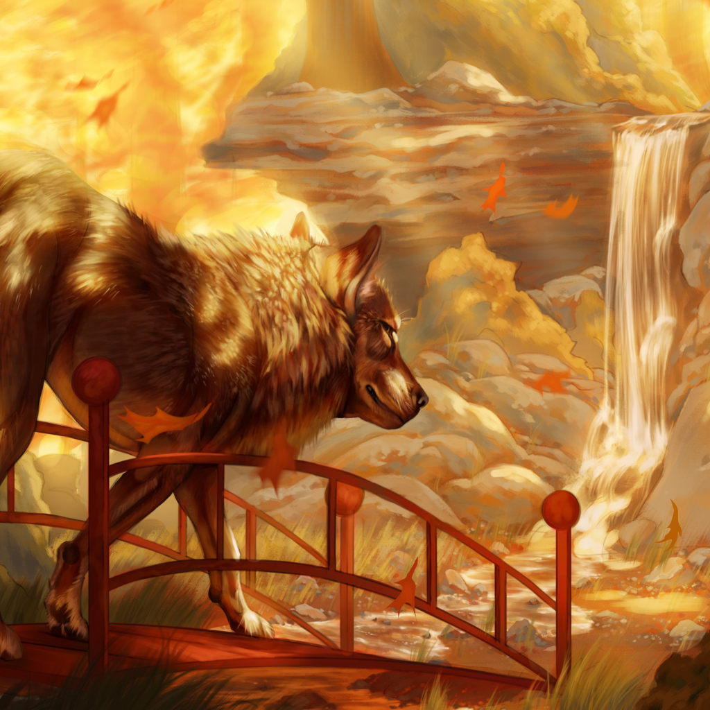 Нарисованный большой волк у водопада