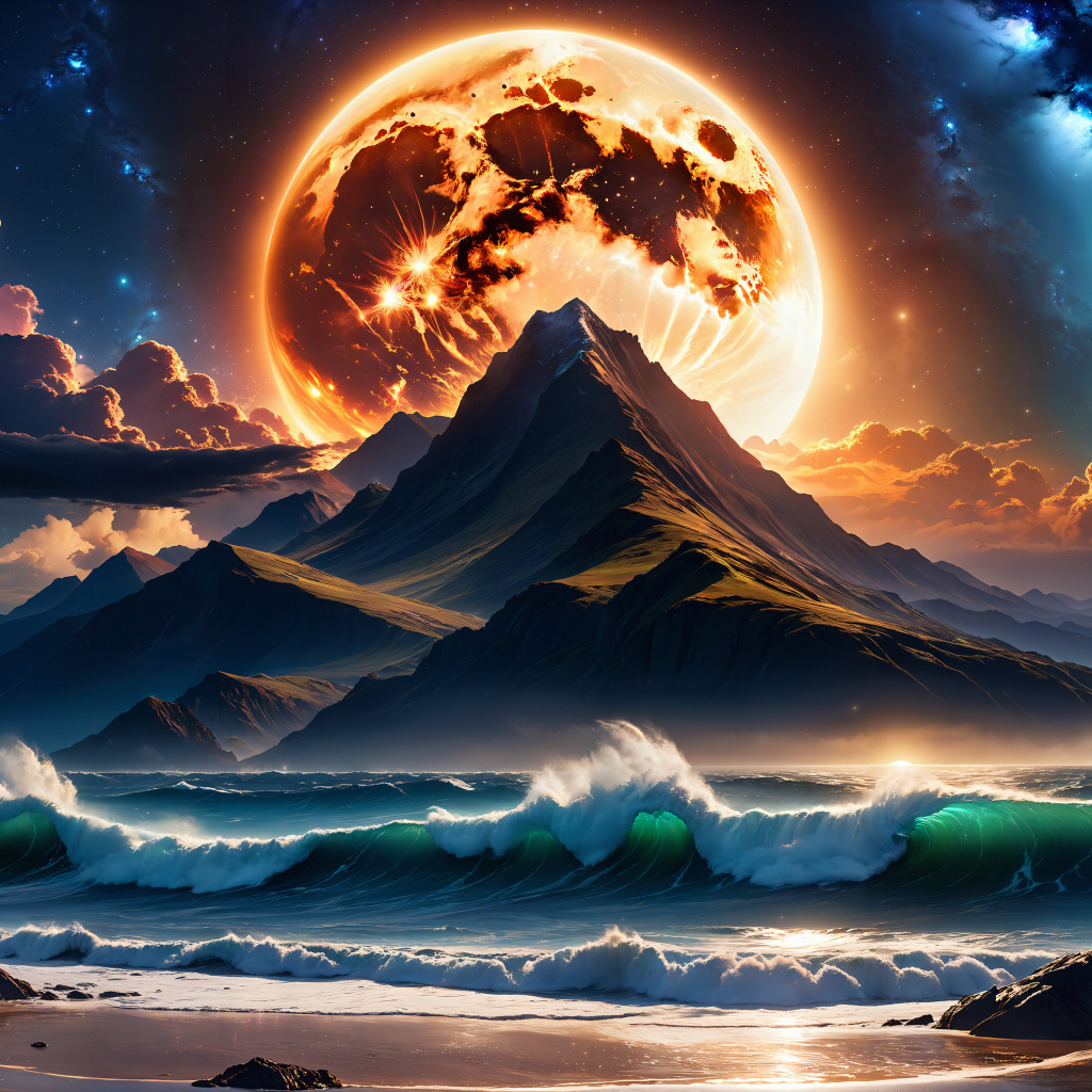 Нарисованная огненная луна над горой у моря