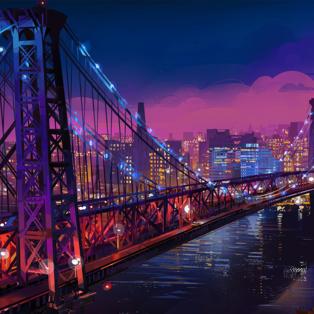 Нарисованный железный мост через реку ночью