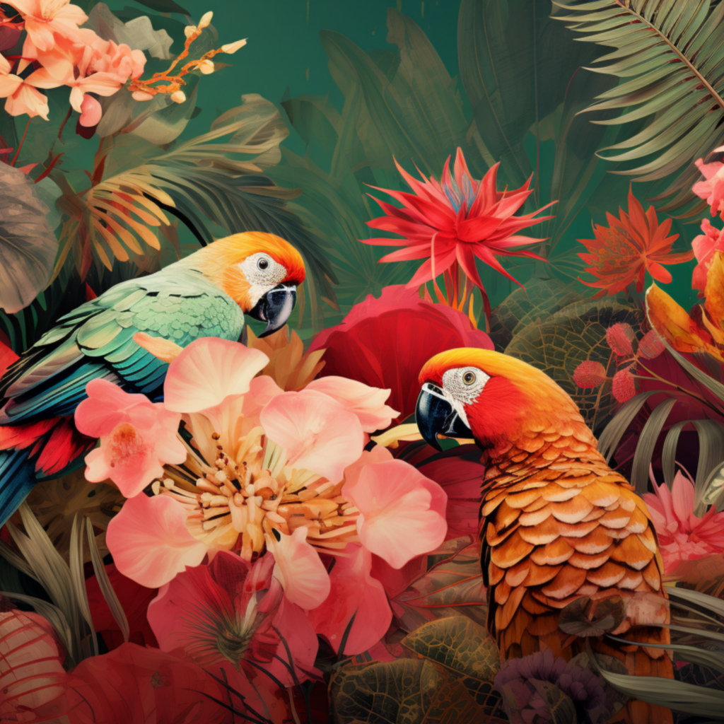 Два красивых попугая в цветах