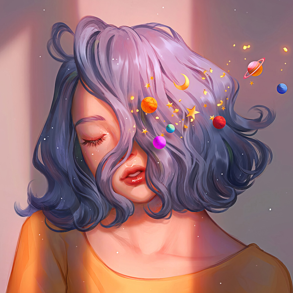 Красивая девушка с закрытыми глазами с фиолетовыми волосами