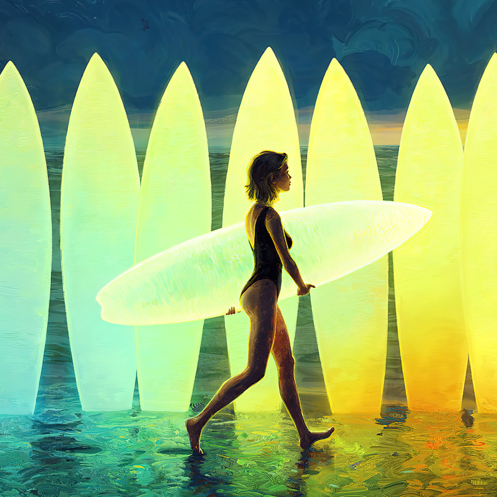 Девушка с доской для серфинга у моря